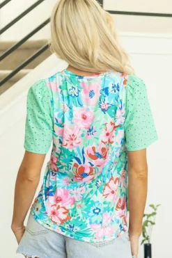 Online Dear-Lover Floral Print Eyelet Embroidered Short Sleeve Crew Neck Top Green