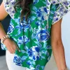 Discount Dear-Lover Floral Print Lace Trim Contrast Ruffle Sleeve Pleated Loose Blouse Green