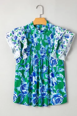 Discount Dear-Lover Floral Print Lace Trim Contrast Ruffle Sleeve Pleated Loose Blouse Green
