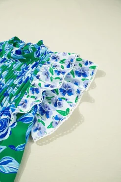 Discount Dear-Lover Floral Print Lace Trim Contrast Ruffle Sleeve Pleated Loose Blouse Green