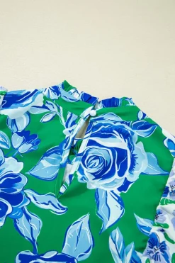 Discount Dear-Lover Floral Print Lace Trim Contrast Ruffle Sleeve Pleated Loose Blouse Green