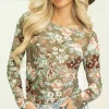 Best Dear-Lover Floral Print Mesh Fitted Long Sleeve Top Green