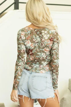 Best Dear-Lover Floral Print Mesh Fitted Long Sleeve Top Green