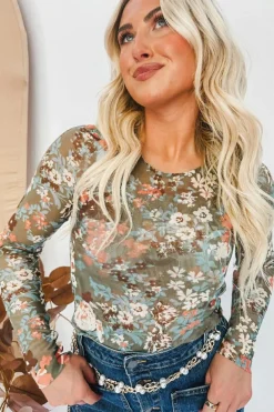 Best Dear-Lover Floral Print Mesh Fitted Long Sleeve Top Green