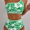 Hot Dear-Lover Floral Print One Shoulder High Waist Bikini Set Green