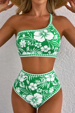 Hot Dear-Lover Floral Print One Shoulder High Waist Bikini Set Green