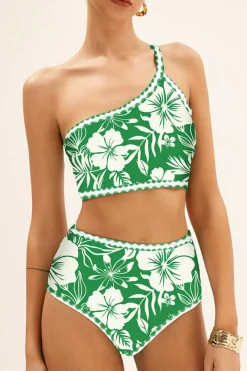 Hot Dear-Lover Floral Print One Shoulder High Waist Bikini Set Green