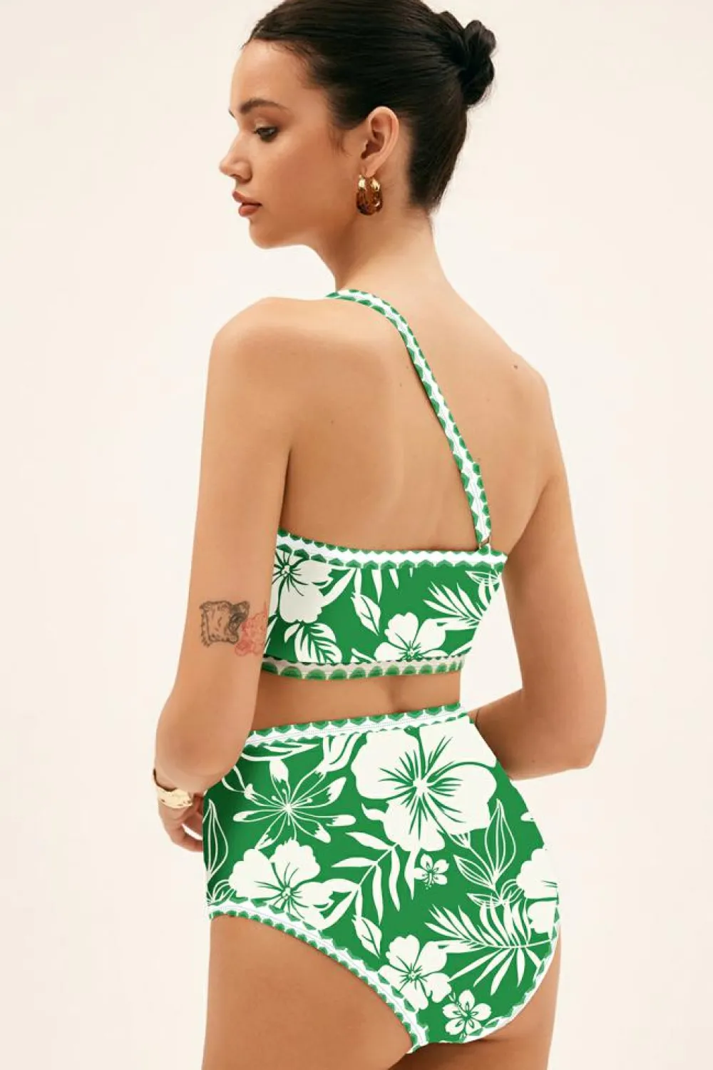 Hot Dear-Lover Floral Print One Shoulder High Waist Bikini Set Green