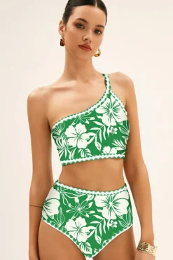 Hot Dear-Lover Floral Print One Shoulder High Waist Bikini Set Green