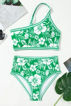 Hot Dear-Lover Floral Print One Shoulder High Waist Bikini Set Green