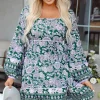Clearance Dear-Lover Floral Print Piping Trim Bubble Sleeve Square Neck Dress Green