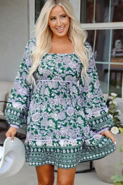Clearance Dear-Lover Floral Print Piping Trim Bubble Sleeve Square Neck Dress Green