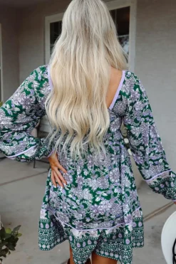 Clearance Dear-Lover Floral Print Piping Trim Bubble Sleeve Square Neck Dress Green