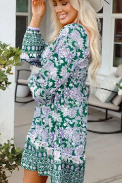Clearance Dear-Lover Floral Print Piping Trim Bubble Sleeve Square Neck Dress Green