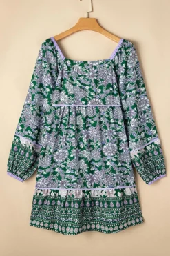 Clearance Dear-Lover Floral Print Piping Trim Bubble Sleeve Square Neck Dress Green