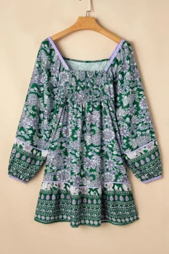 Clearance Dear-Lover Floral Print Piping Trim Bubble Sleeve Square Neck Dress Green