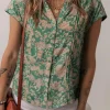 Outlet Dear-Lover Floral Print Pleated Buttoned V Neck Short Sleeve Blouse Green