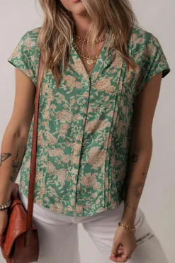 Outlet Dear-Lover Floral Print Pleated Buttoned V Neck Short Sleeve Blouse Green