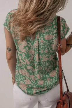 Outlet Dear-Lover Floral Print Pleated Buttoned V Neck Short Sleeve Blouse Green