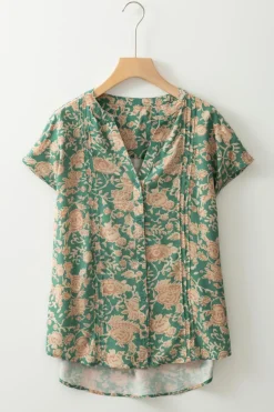 Outlet Dear-Lover Floral Print Pleated Buttoned V Neck Short Sleeve Blouse Green