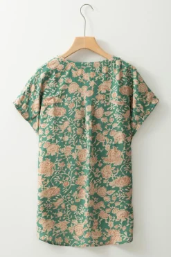 Outlet Dear-Lover Floral Print Pleated Buttoned V Neck Short Sleeve Blouse Green