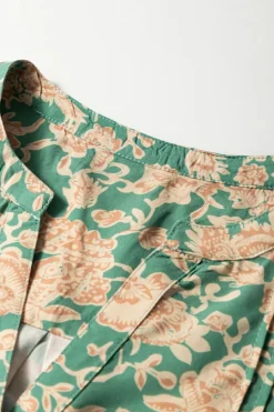 Outlet Dear-Lover Floral Print Pleated Buttoned V Neck Short Sleeve Blouse Green