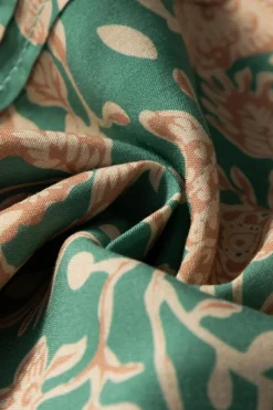 Outlet Dear-Lover Floral Print Pleated Buttoned V Neck Short Sleeve Blouse Green