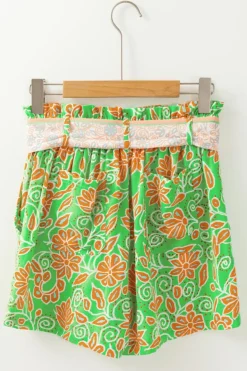 Hot Dear-Lover Floral Print Pocketed Front Knot High Waist Casual Shorts Green