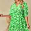 Outlet Dear-Lover Floral Print Puff Half Sleeve V Neck Babydoll Dress Green
