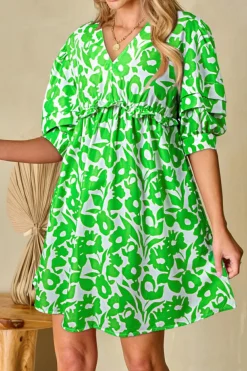 Outlet Dear-Lover Floral Print Puff Half Sleeve V Neck Babydoll Dress Green