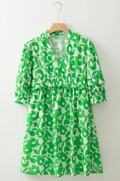 Outlet Dear-Lover Floral Print Puff Half Sleeve V Neck Babydoll Dress Green