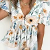 Discount Dear-Lover Floral Print Puff Sleeve V Neck Babydoll Blouse Green