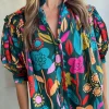 Hot Dear-Lover Floral Print Puff Sleeve Tied V Neck Blouse Green