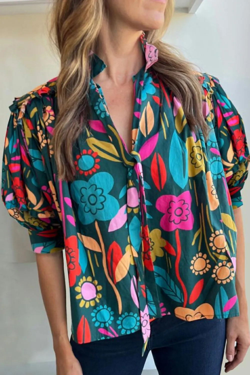 Hot Dear-Lover Floral Print Puff Sleeve Tied V Neck Blouse Green