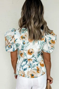 Discount Dear-Lover Floral Print Puff Sleeve V Neck Babydoll Blouse Green