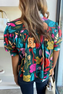 Hot Dear-Lover Floral Print Puff Sleeve Tied V Neck Blouse Green