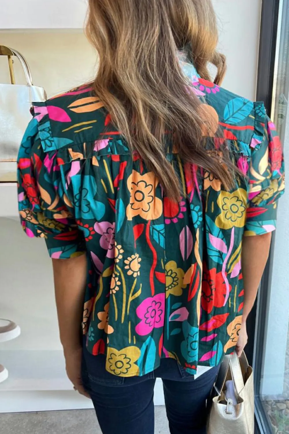 Hot Dear-Lover Floral Print Puff Sleeve Tied V Neck Blouse Green