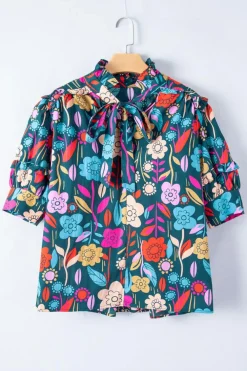 Hot Dear-Lover Floral Print Puff Sleeve Tied V Neck Blouse Green