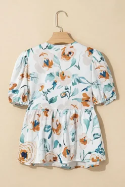Discount Dear-Lover Floral Print Puff Sleeve V Neck Babydoll Blouse Green
