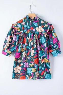 Hot Dear-Lover Floral Print Puff Sleeve Tied V Neck Blouse Green