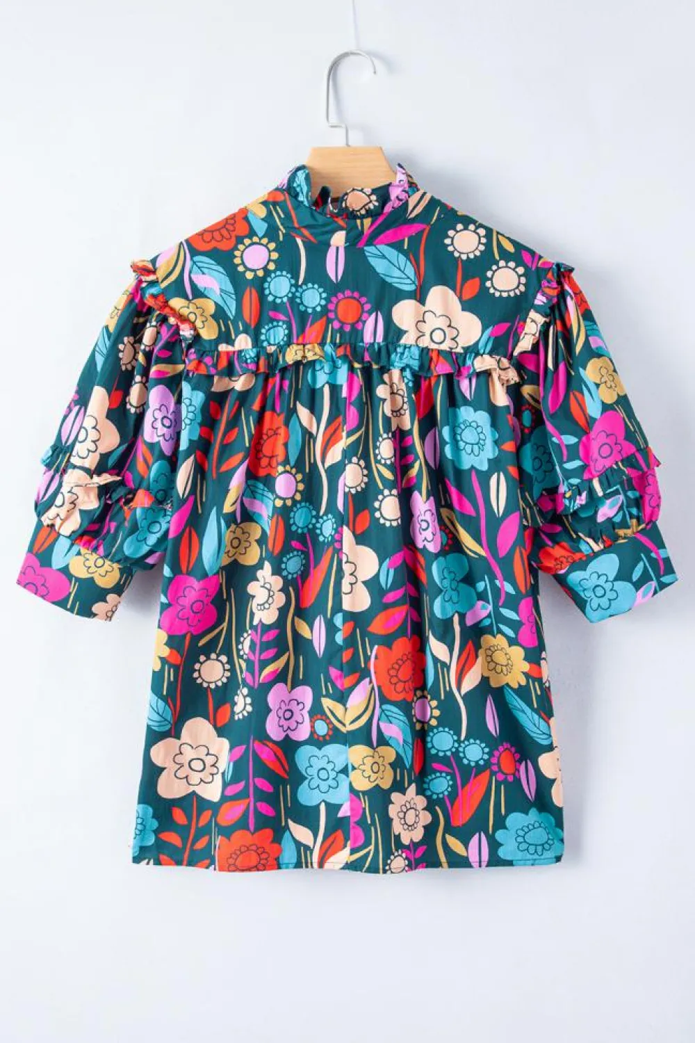 Hot Dear-Lover Floral Print Puff Sleeve Tied V Neck Blouse Green