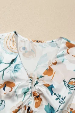 Discount Dear-Lover Floral Print Puff Sleeve V Neck Babydoll Blouse Green