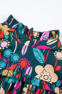 Hot Dear-Lover Floral Print Puff Sleeve Tied V Neck Blouse Green