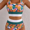 New Dear-Lover Floral Print Racerback Cutout High Waist 2pcs Bikini Green