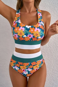 New Dear-Lover Floral Print Racerback Cutout High Waist 2pcs Bikini Green