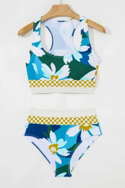 New Dear-Lover Floral Print Racerback Cutout High Waist 2pcs Bikini Green