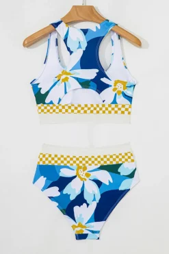 New Dear-Lover Floral Print Racerback Cutout High Waist 2pcs Bikini Green