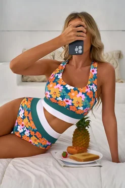 New Dear-Lover Floral Print Racerback Cutout High Waist 2pcs Bikini Green