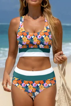 New Dear-Lover Floral Print Racerback Cutout High Waist 2pcs Bikini Green