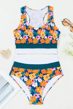 New Dear-Lover Floral Print Racerback Cutout High Waist 2pcs Bikini Green